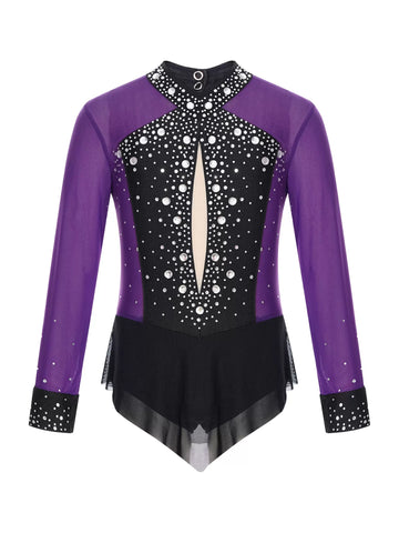 Kids Girls Long Sleeve Glittery Rhinestones Colorblock Skating Leotard