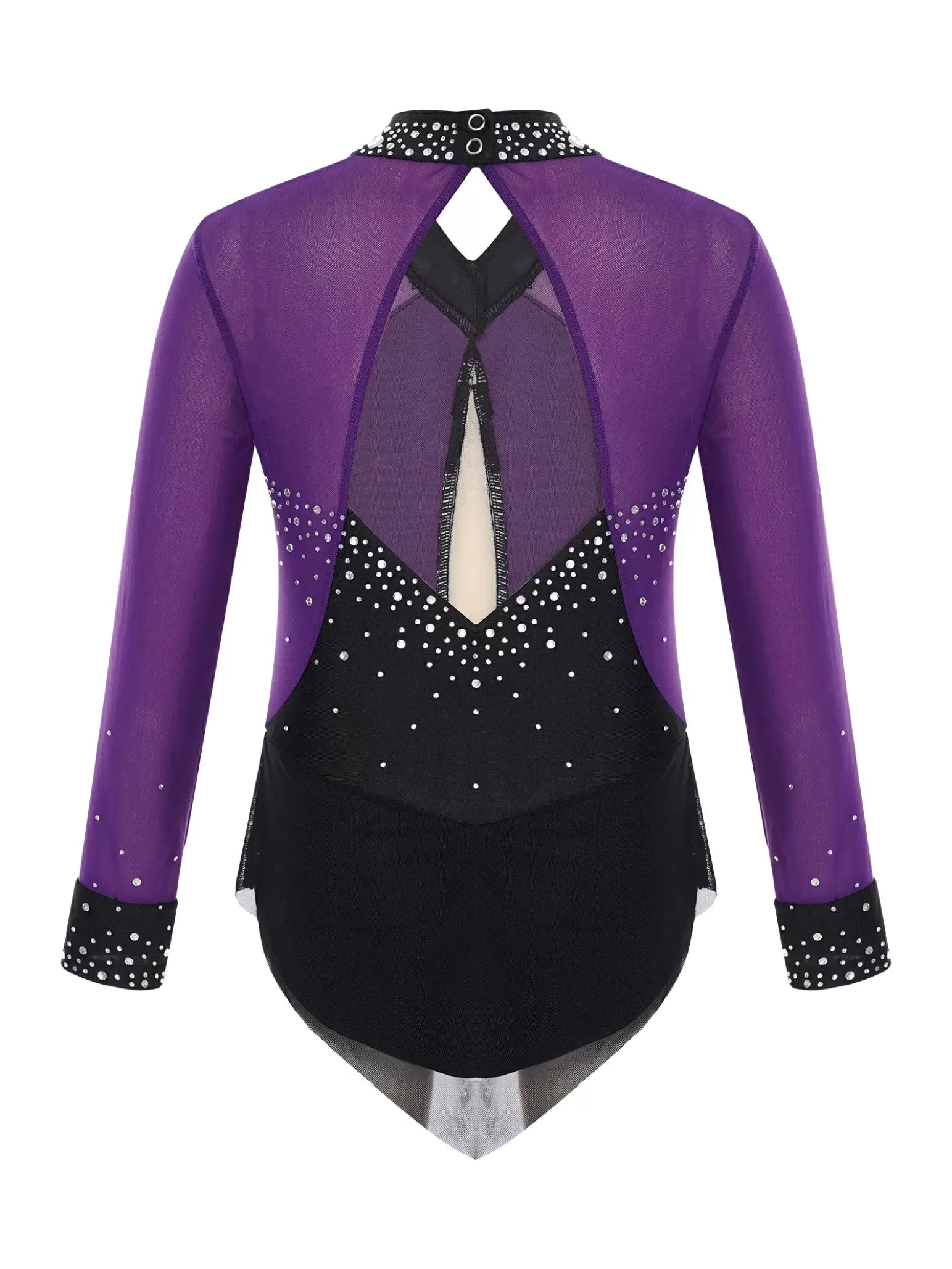 Kids Girls Long Sleeve Glittery Rhinestones Colorblock Skating Leotard