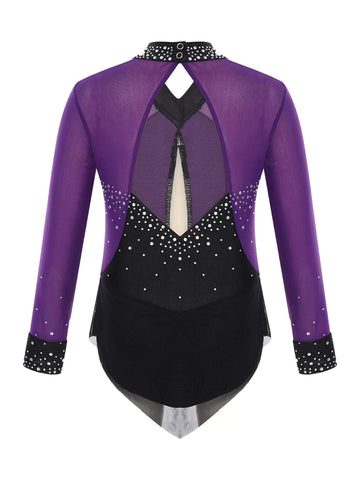 Kids Girls Long Sleeve Glittery Rhinestones Colorblock Skating Leotard