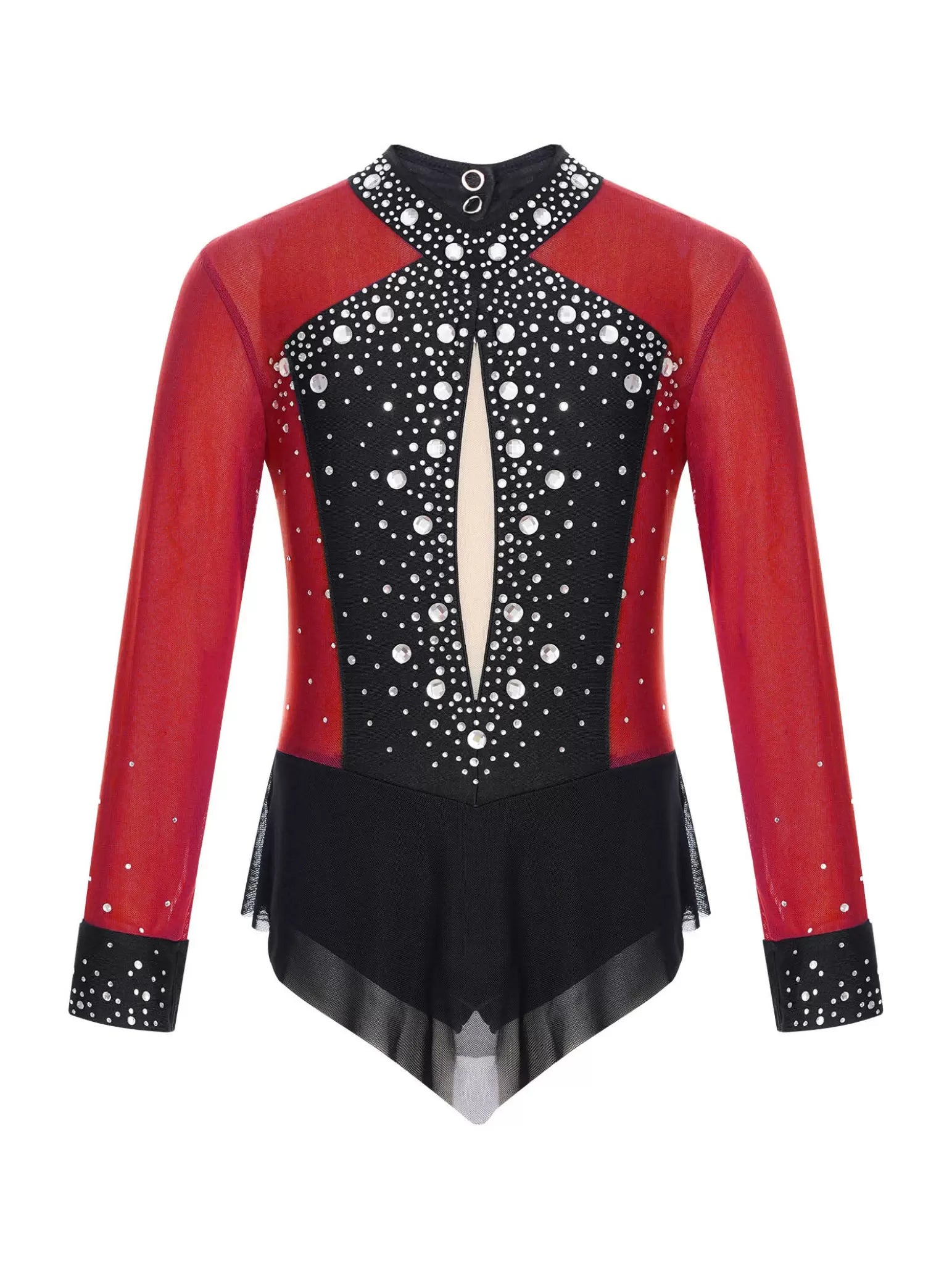 Kids Girls Long Sleeve Glittery Rhinestones Colorblock Skating Leotard