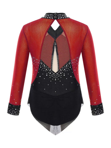 Kids Girls Long Sleeve Glittery Rhinestones Colorblock Skating Leotard