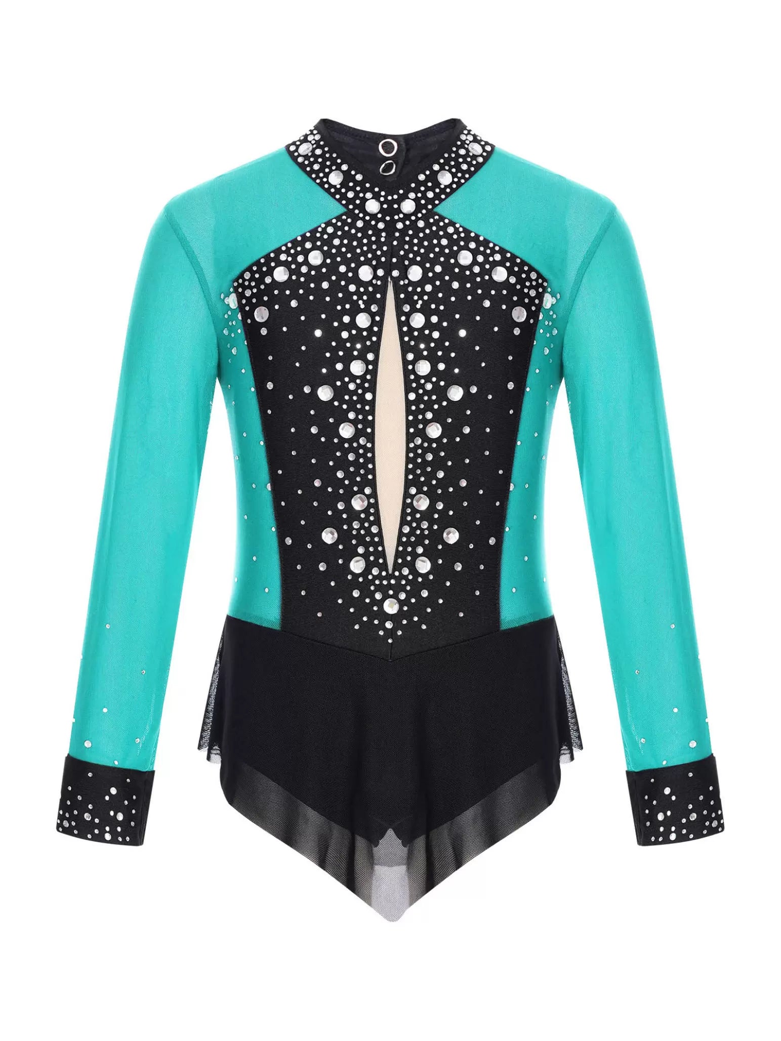 Kids Girls Long Sleeve Glittery Rhinestones Colorblock Skating Leotard