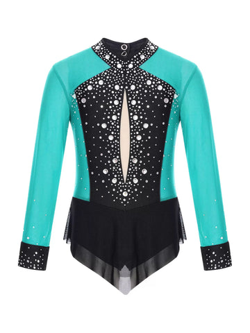 Kids Girls Long Sleeve Glittery Rhinestones Colorblock Skating Leotard