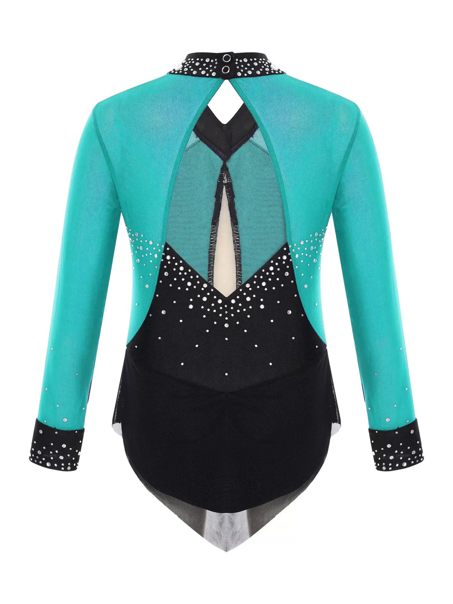 Kids Girls Long Sleeve Glittery Rhinestones Colorblock Skating Leotard