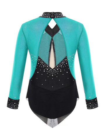 Kids Girls Long Sleeve Glittery Rhinestones Colorblock Skating Leotard