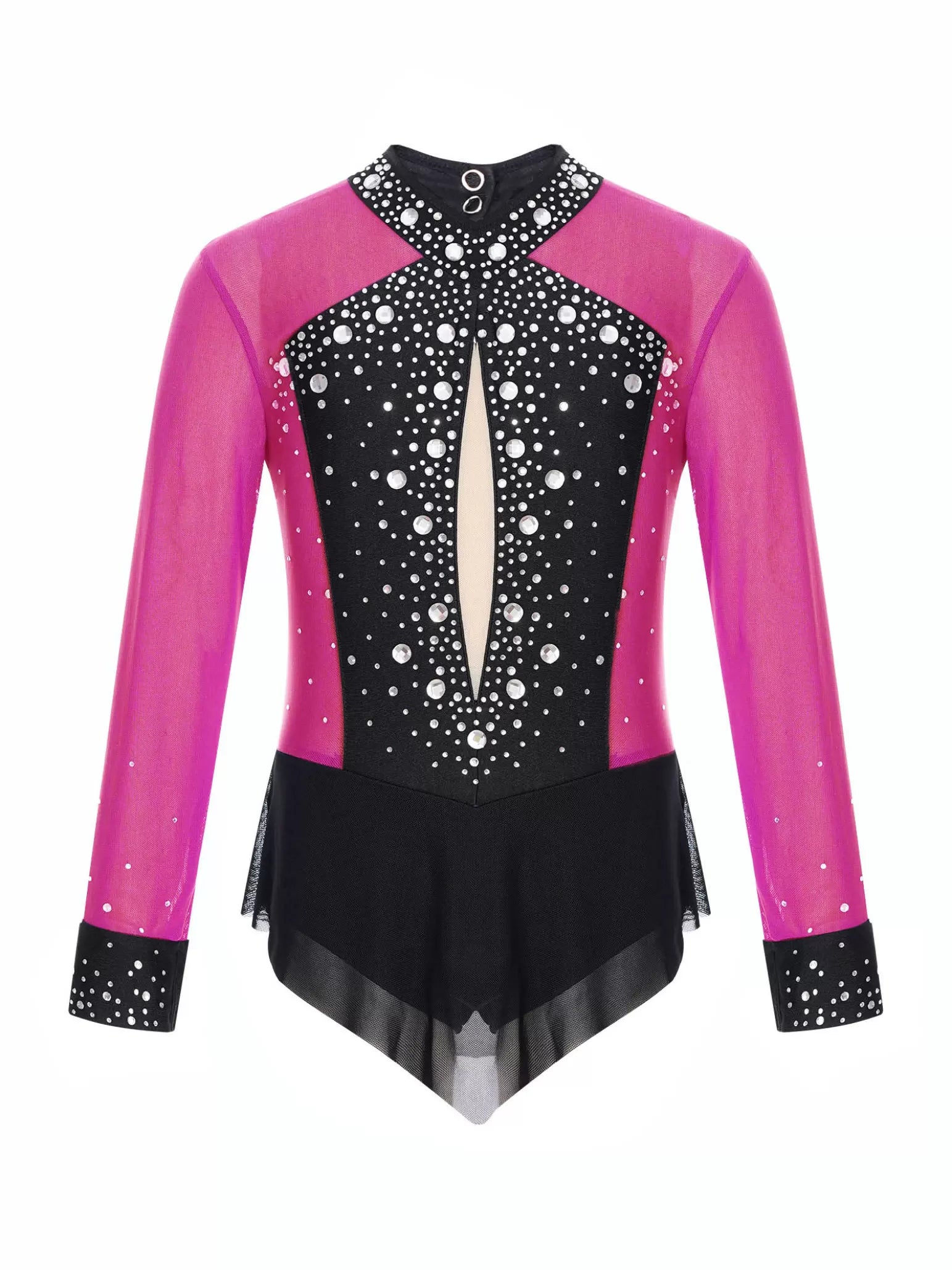 Kids Girls Long Sleeve Glittery Rhinestones Colorblock Skating Leotard