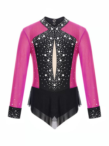 Kids Girls Long Sleeve Glittery Rhinestones Colorblock Skating Leotard