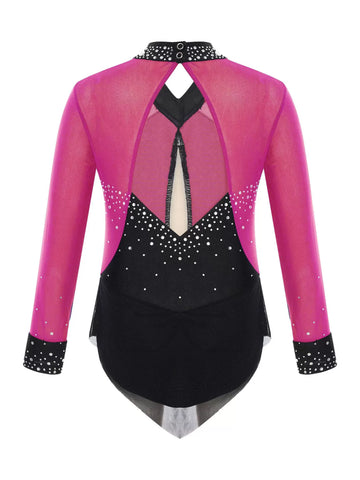 Kids Girls Long Sleeve Glittery Rhinestones Colorblock Skating Leotard