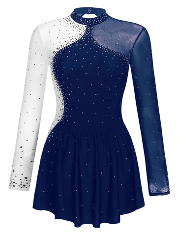 Women Long Sleeve Sparkly Rhinestone Figure Skating Leotard Dress