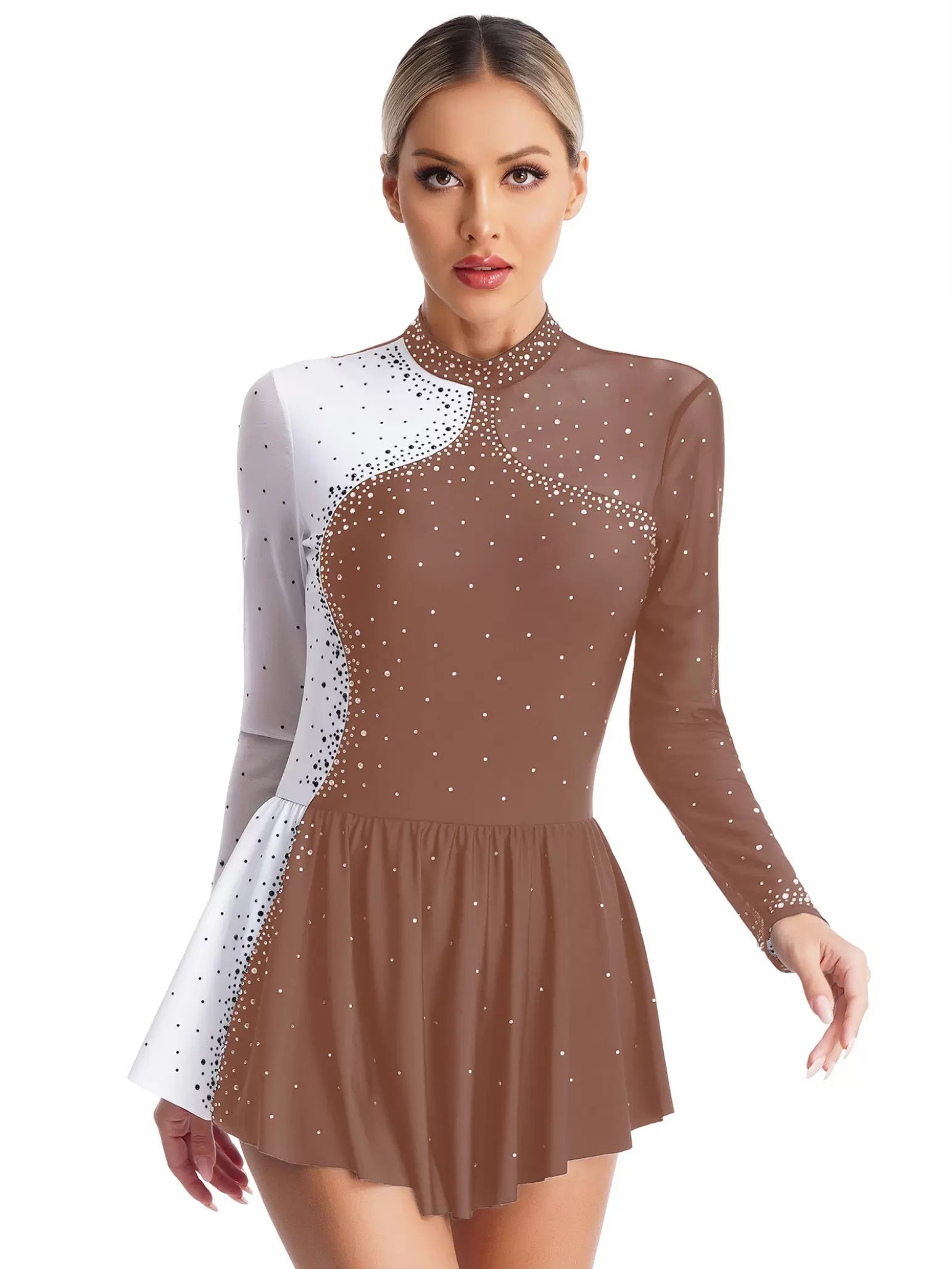 Women Long Sleeve Sparkly Rhinestone Figure Skating Leotard Dress