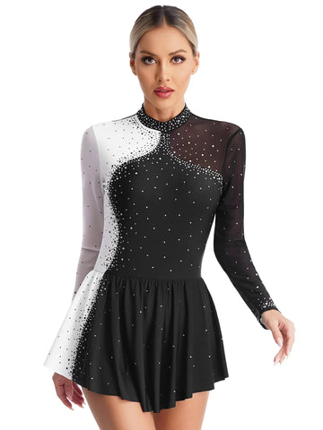 Women Long Sleeve Sparkly Rhinestone Figure Skating Leotard Dress