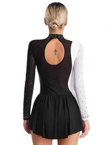 Women Long Sleeve Sparkly Rhinestone Figure Skating Leotard Dress