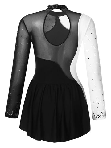 Women Long Sleeve Sparkly Rhinestone Figure Skating Leotard Dress