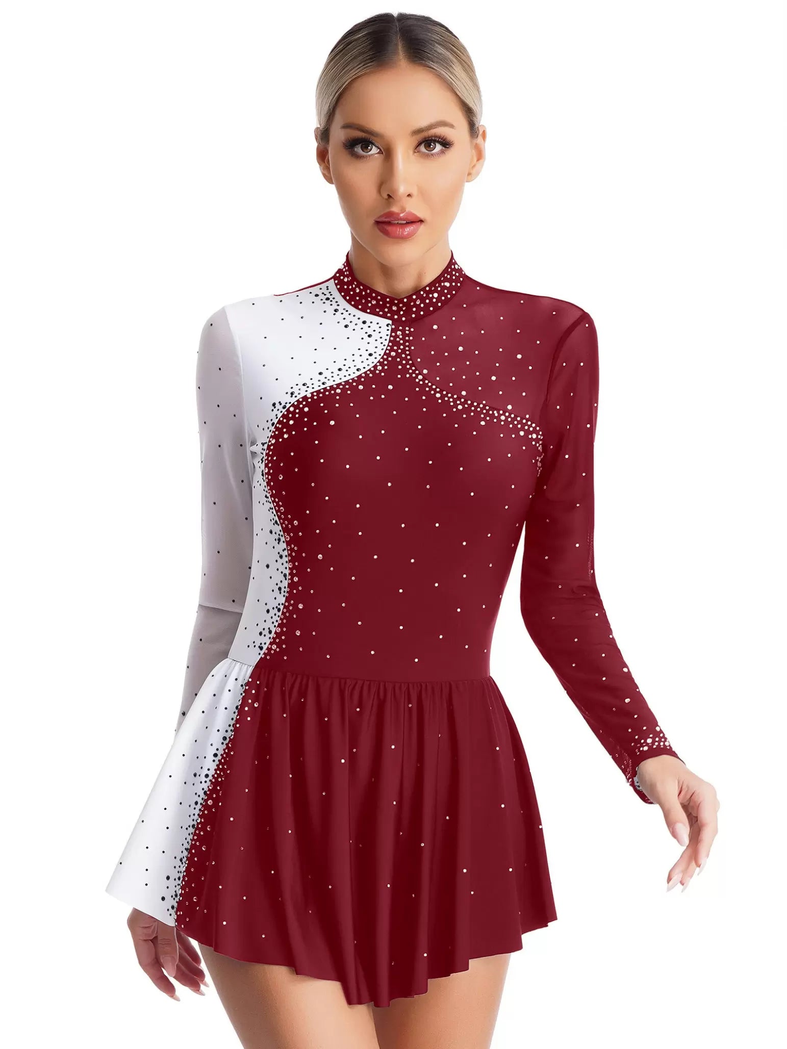 Women Long Sleeve Sparkly Rhinestone Figure Skating Leotard Dress