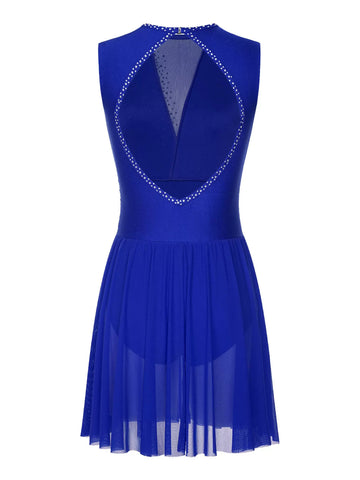 Women Sleeveless Rhinestones Cutout Back Figure Skating Leotard Dress