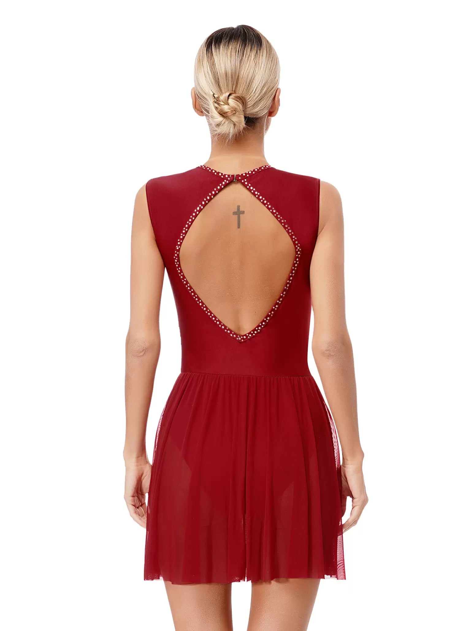 Women Sleeveless Rhinestones Cutout Back Figure Skating Leotard Dress