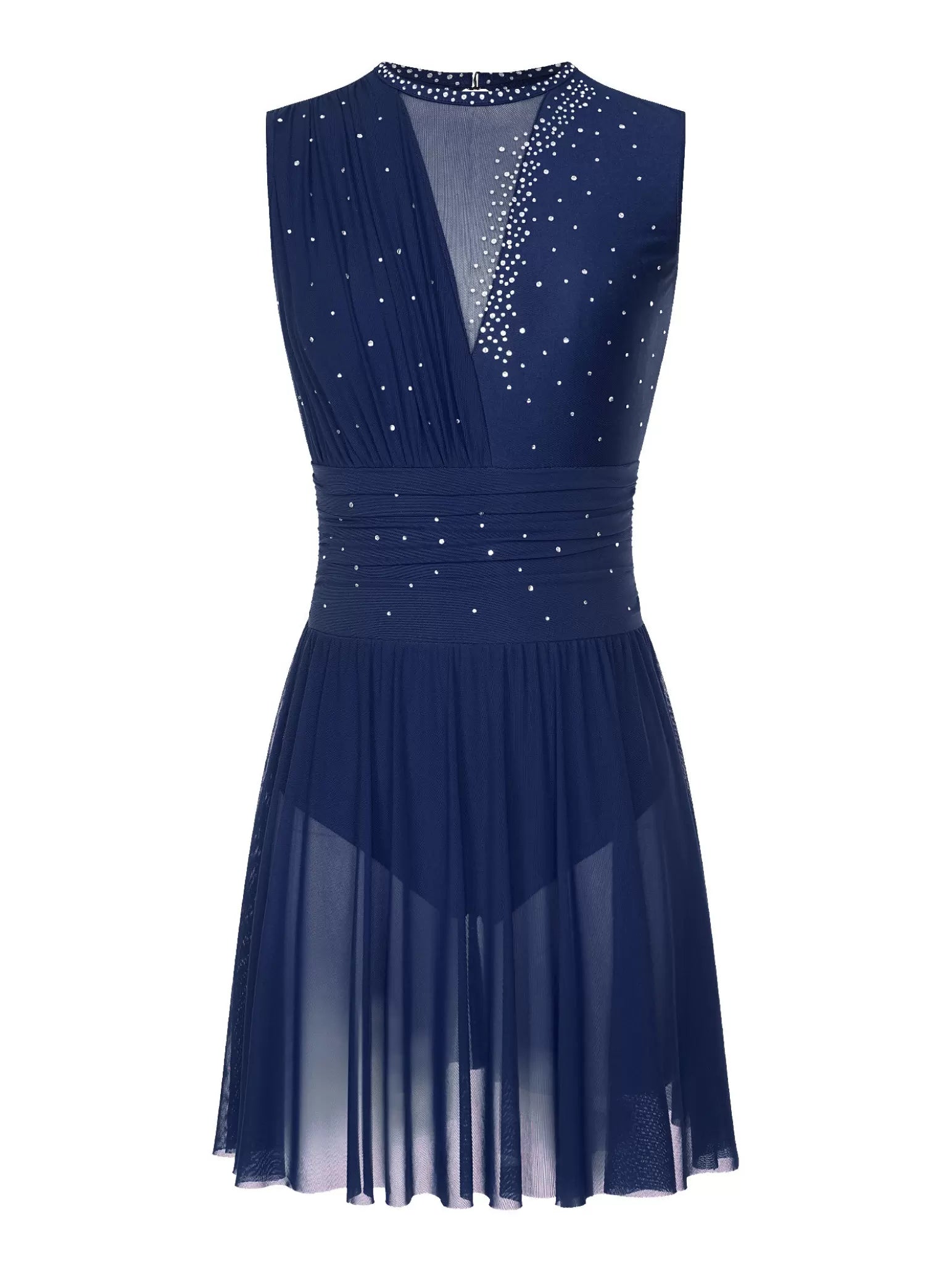 Women Sleeveless Rhinestones Cutout Back Figure Skating Leotard Dress