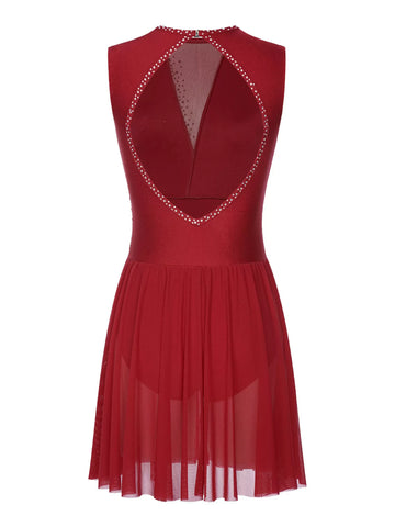 Women Sleeveless Rhinestones Cutout Back Figure Skating Leotard Dress