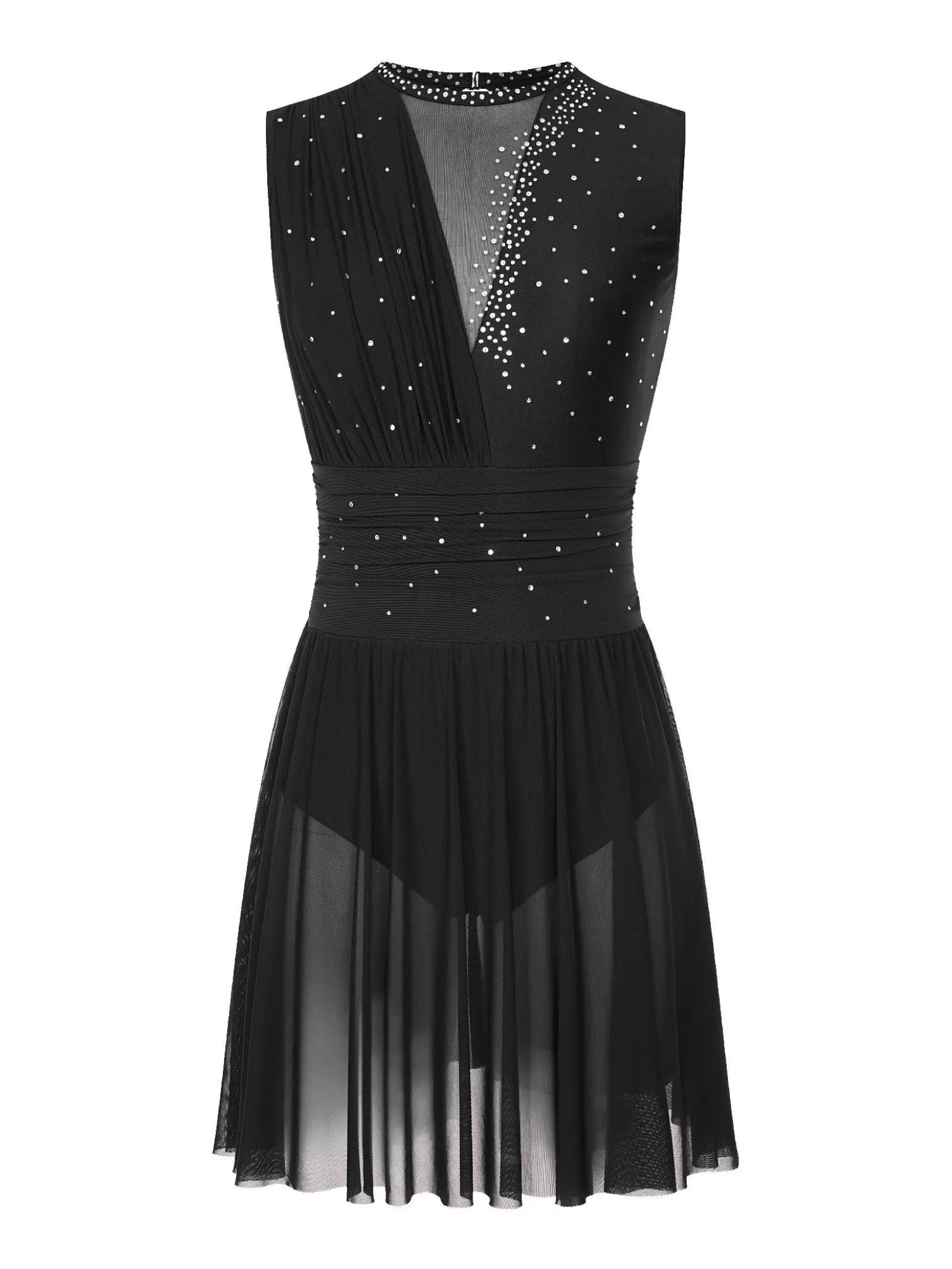 Women Sleeveless Rhinestones Cutout Back Figure Skating Leotard Dress