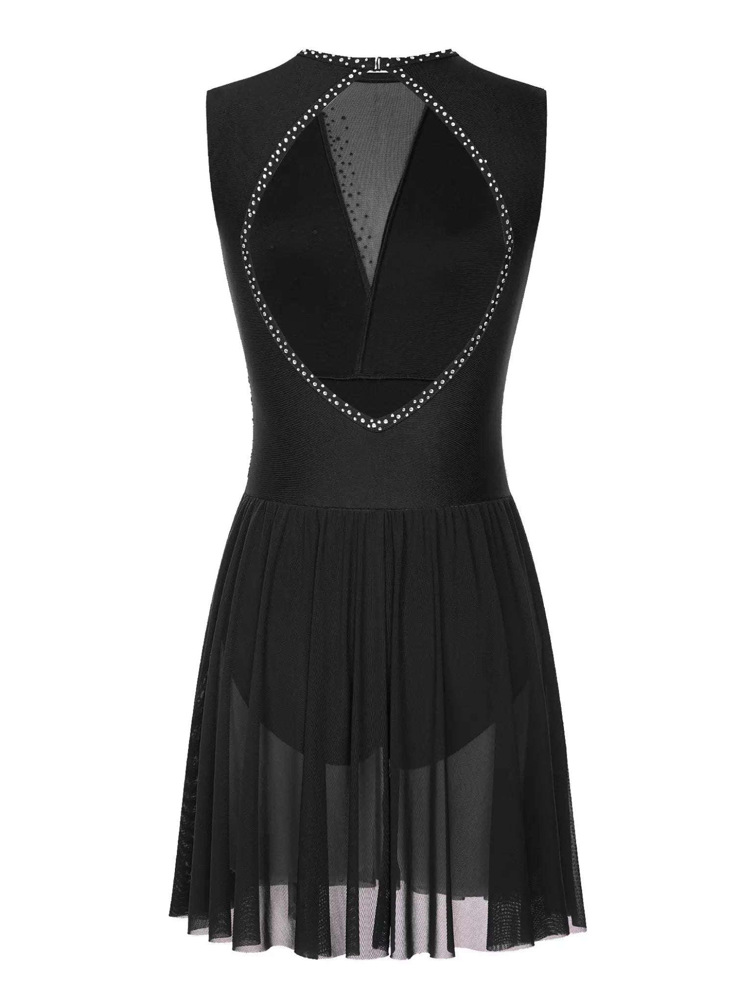 Women Sleeveless Rhinestones Cutout Back Figure Skating Leotard Dress