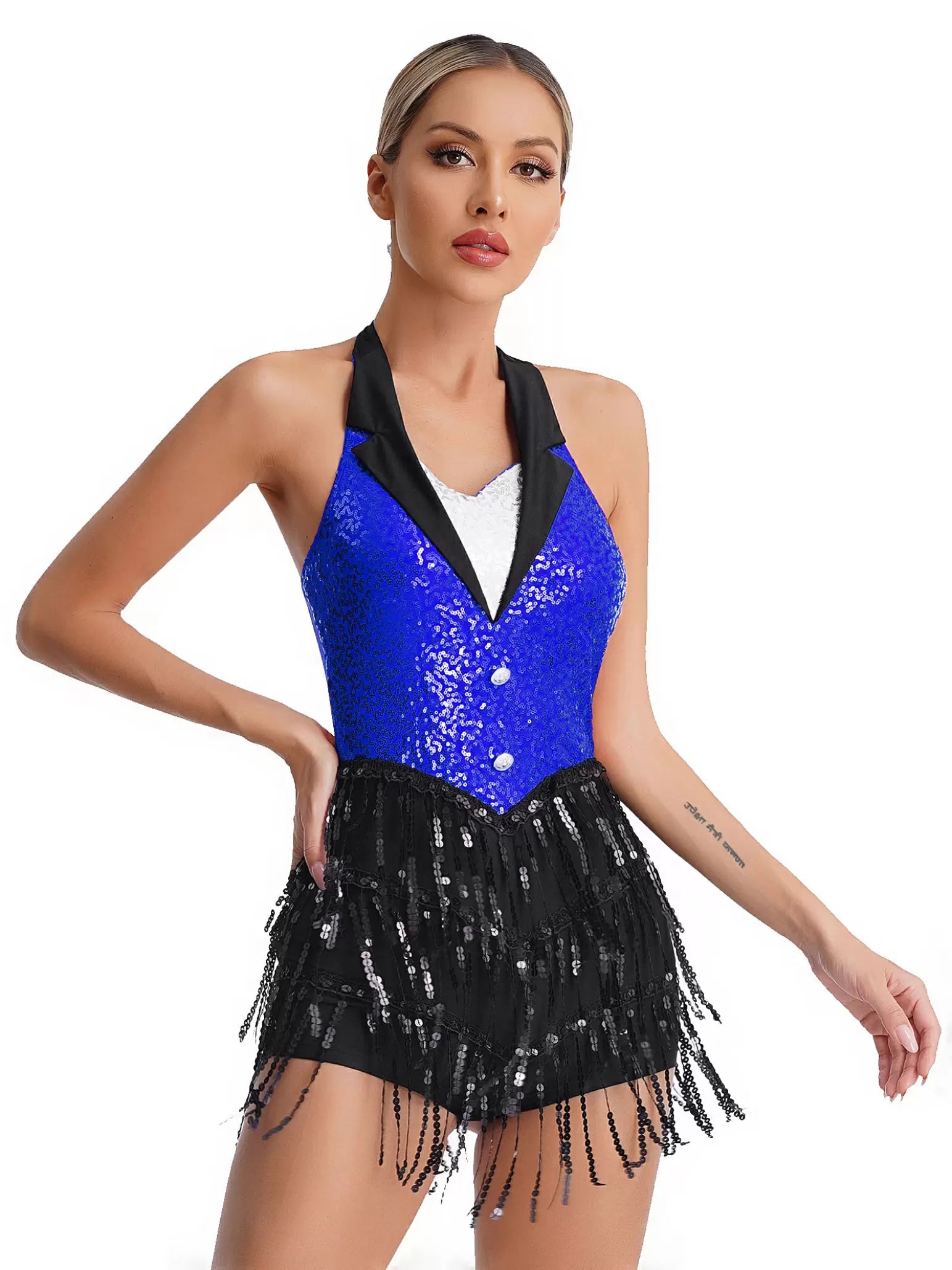 Women Sleeveless Backless Sequins Tassels Jazz Dance Leotard