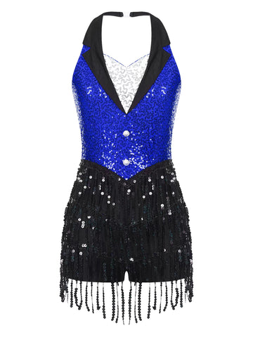 Women Sleeveless Backless Sequins Tassels Jazz Dance Leotard