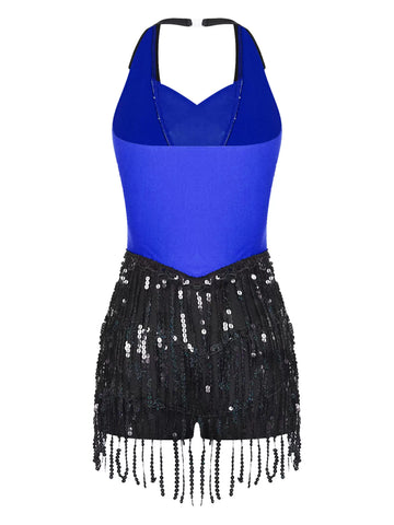 Women Sleeveless Backless Sequins Tassels Jazz Dance Leotard