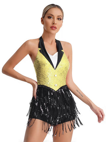 Women Sleeveless Backless Sequins Tassels Jazz Dance Leotard