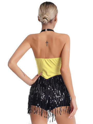 Women Sleeveless Backless Sequins Tassels Jazz Dance Leotard