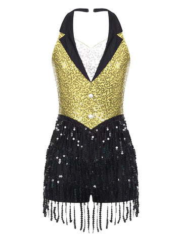 Women Sleeveless Backless Sequins Tassels Jazz Dance Leotard