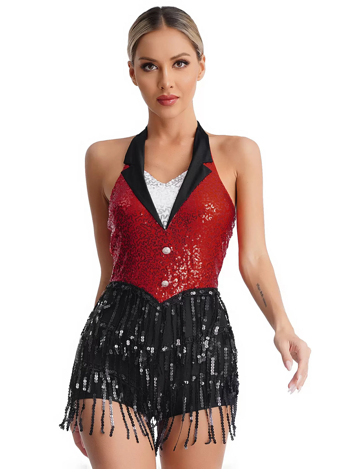 Women Sleeveless Backless Sequins Tassels Jazz Dance Leotard