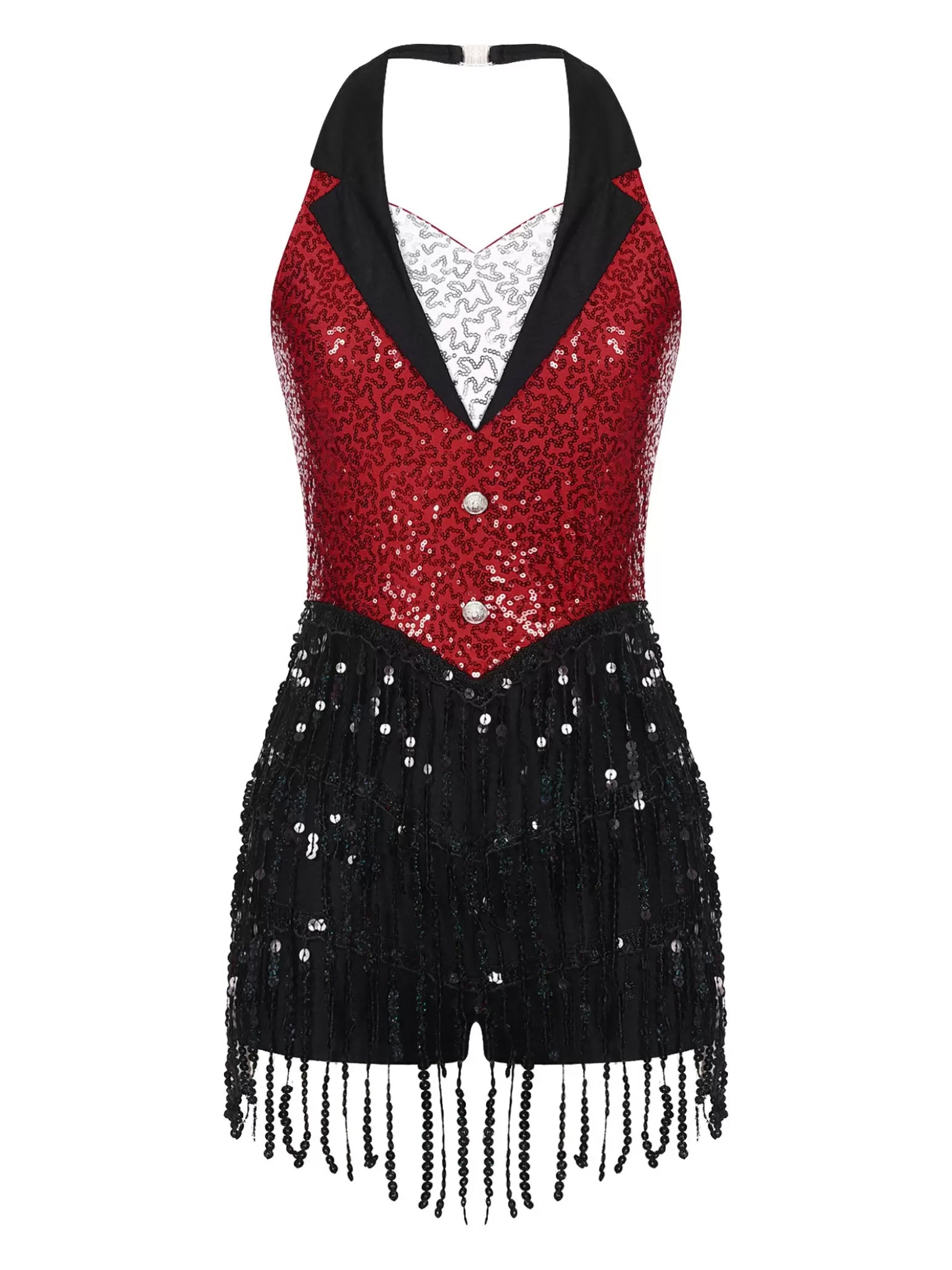 Women Sleeveless Backless Sequins Tassels Jazz Dance Leotard