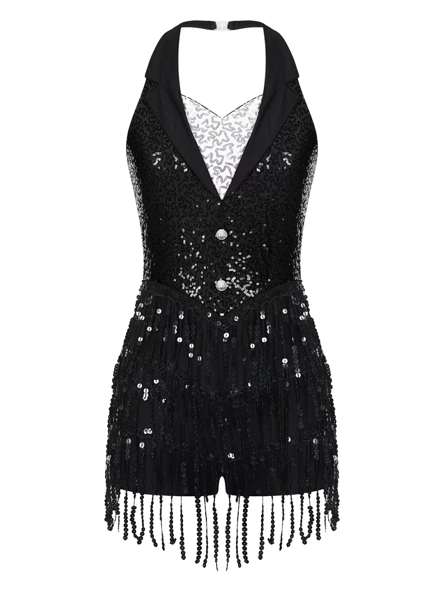 Women Sleeveless Backless Sequins Tassels Jazz Dance Leotard