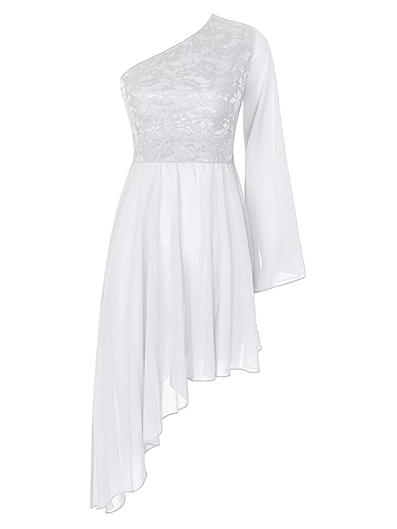 Women Floral Lace One Shoulder Asymmetrical Praise Dance Dress Tunic