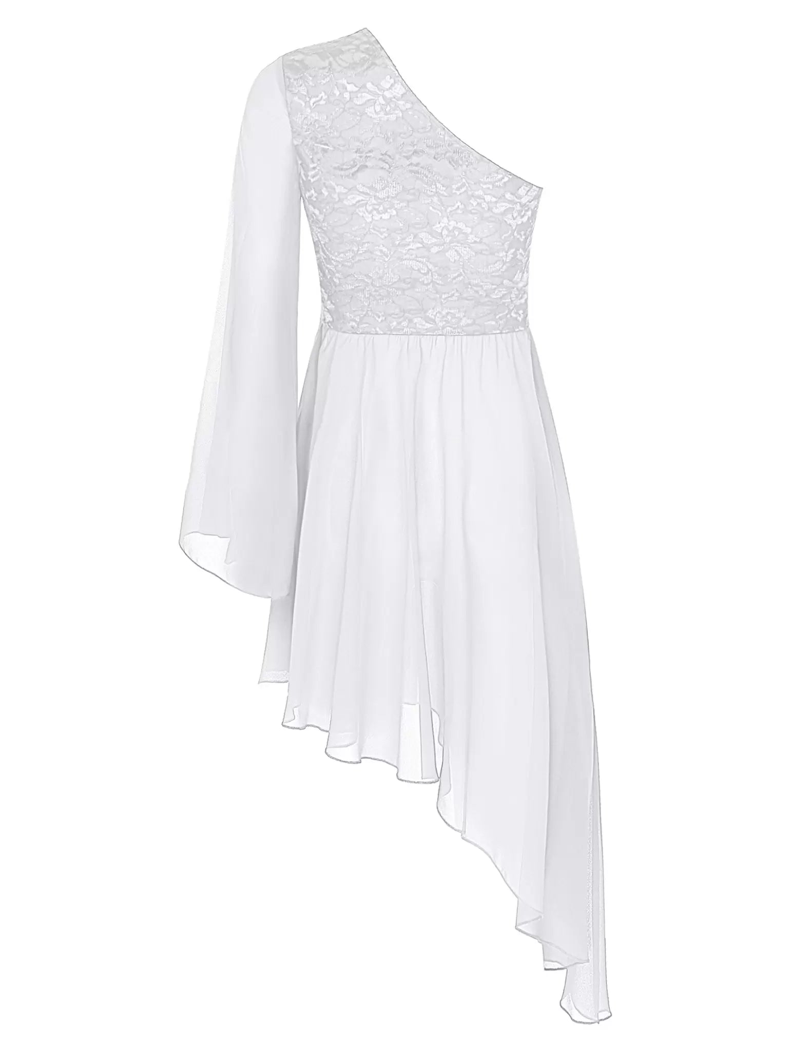 Women Floral Lace One Shoulder Asymmetrical Praise Dance Dress Tunic