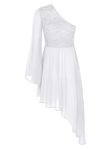 Women Floral Lace One Shoulder Asymmetrical Praise Dance Dress Tunic