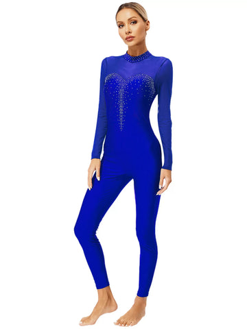 Women Long Sleeve Round Neck Rhinestones Gymnastics Unitards