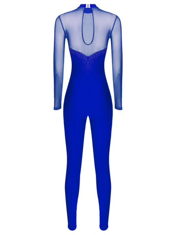 Women Long Sleeve Round Neck Rhinestones Gymnastics Unitards