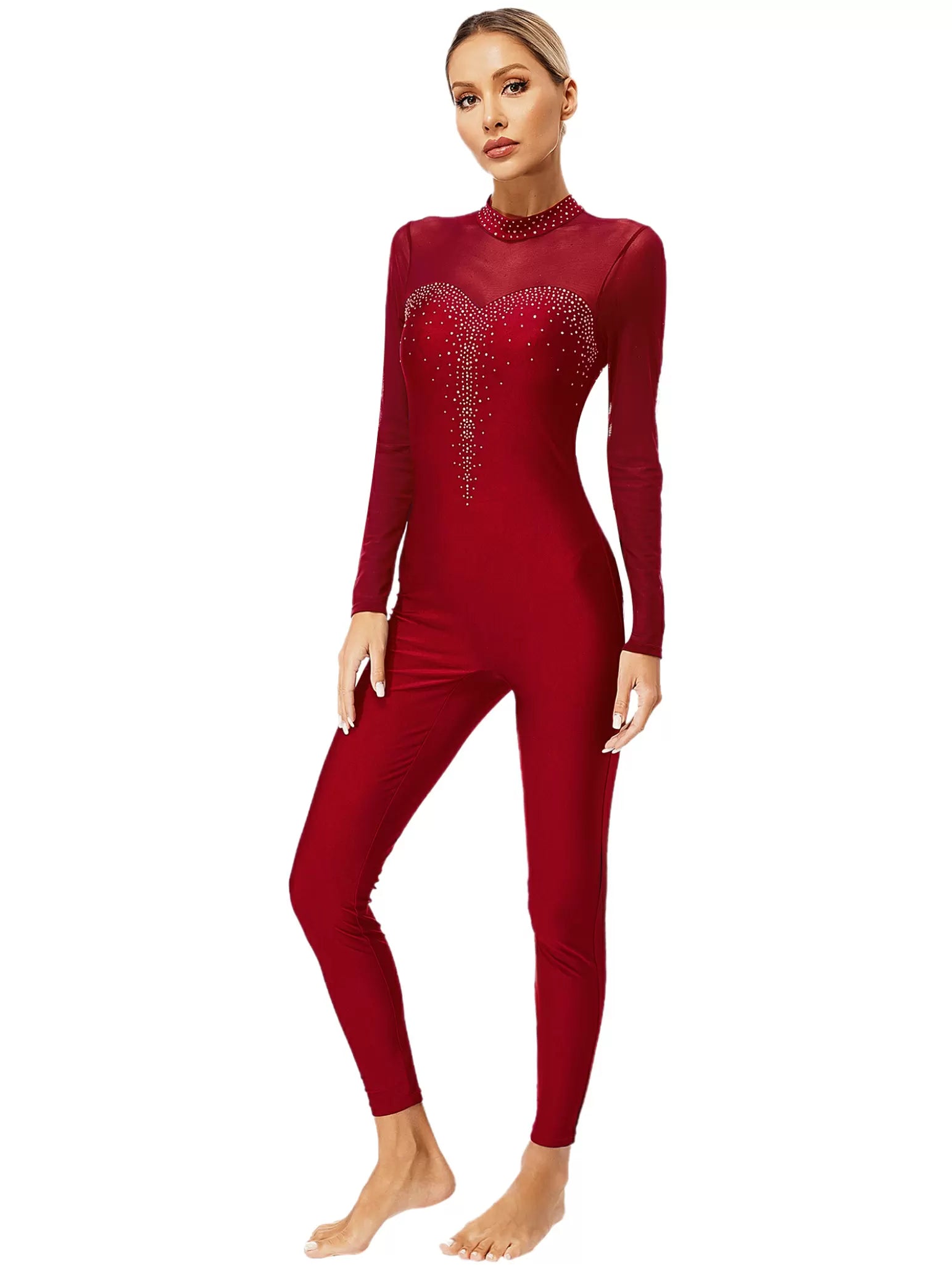 Women Long Sleeve Round Neck Rhinestones Gymnastics Unitards