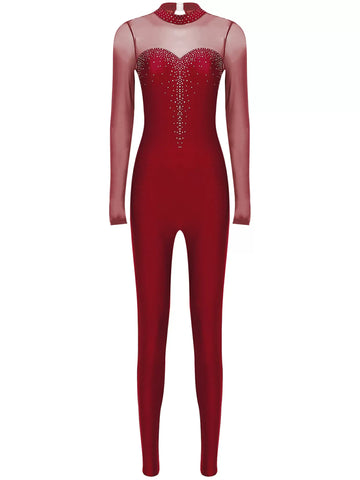 Women Long Sleeve Round Neck Rhinestones Gymnastics Unitards