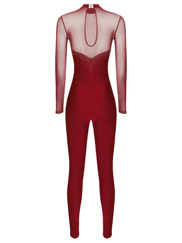 Women Long Sleeve Round Neck Rhinestones Gymnastics Unitards