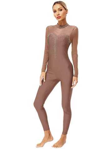 Women Long Sleeve Round Neck Rhinestones Gymnastics Unitards