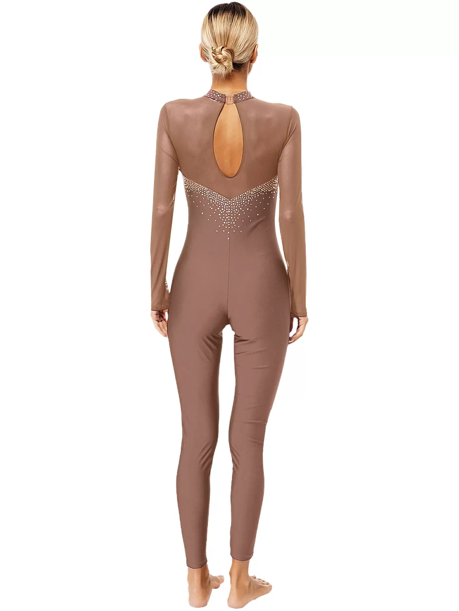 Women Long Sleeve Round Neck Rhinestones Gymnastics Unitards