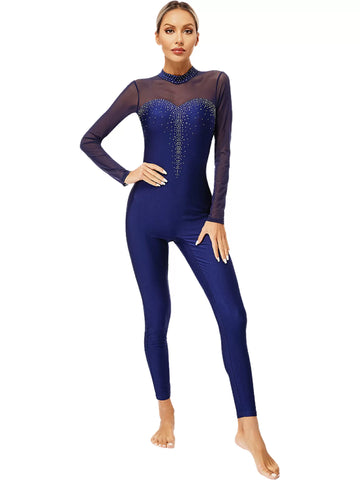 Women Long Sleeve Round Neck Rhinestones Gymnastics Unitards