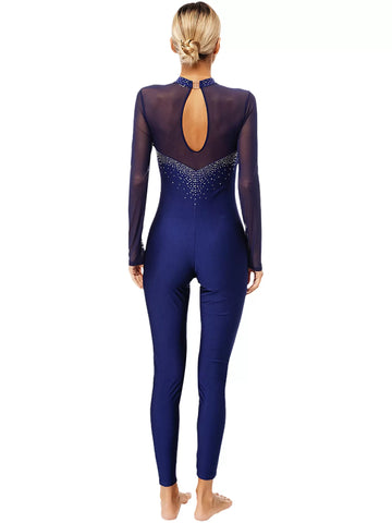 Women Long Sleeve Round Neck Rhinestones Gymnastics Unitards