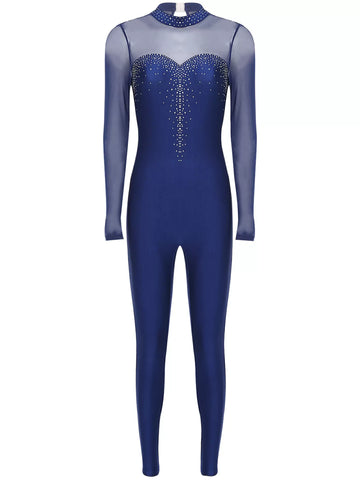 Women Long Sleeve Round Neck Rhinestones Gymnastics Unitards