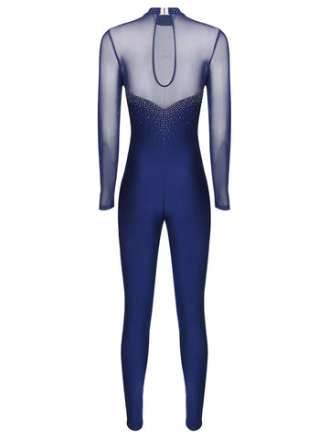 Women Long Sleeve Round Neck Rhinestones Gymnastics Unitards