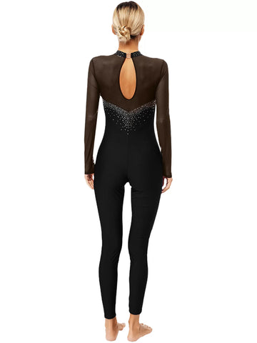 Women Long Sleeve Round Neck Rhinestones Gymnastics Unitards