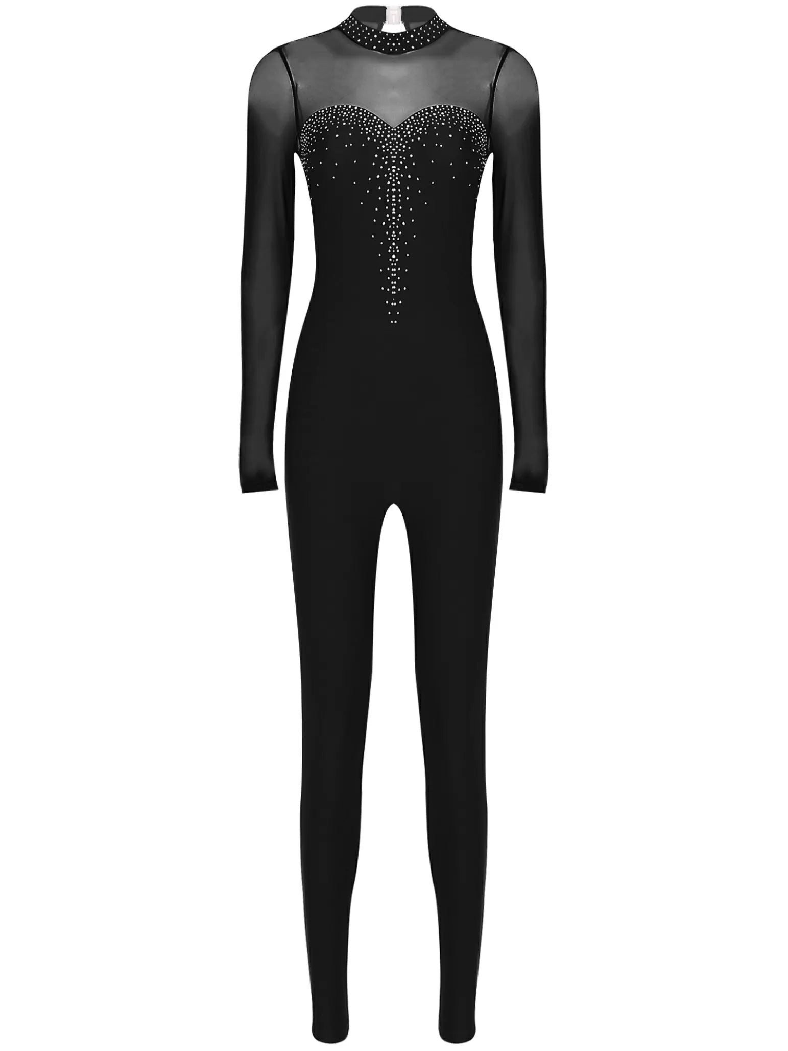 Women Long Sleeve Round Neck Rhinestones Gymnastics Unitards