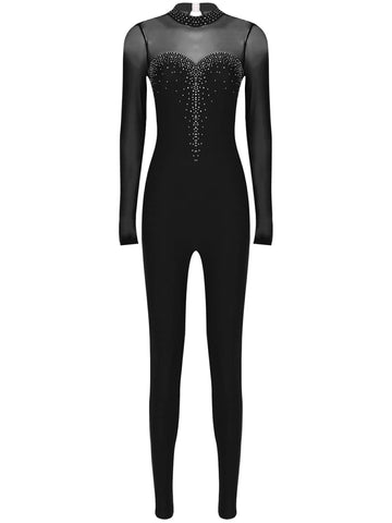 Women Long Sleeve Round Neck Rhinestones Gymnastics Unitards